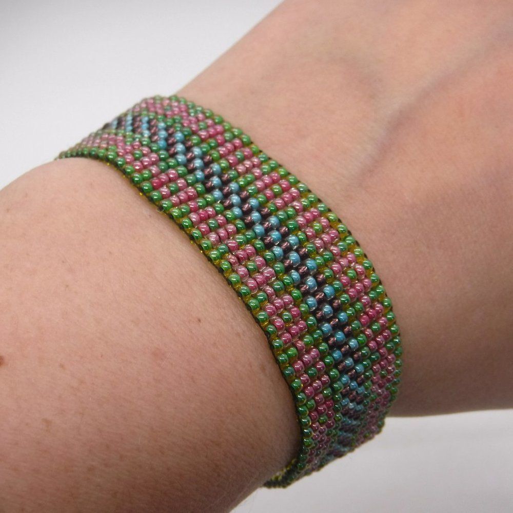 Loom Beaded Bracelet Green, Pink, Teal & Purple